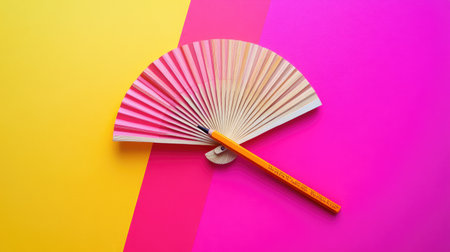 A colorful fan placed elegantly with an orange pen on a bright pink and yellow background. Perfect for creative projects, showcasing vibrant colors and minimalist design.の素材