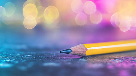 A vivid yellow pencil rests on a shimmering surface, surrounded by a dreamy bokeh effect, creating an inviting atmosphere for creative minds and artists.の素材