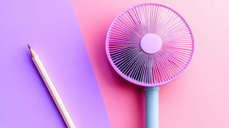 A visually appealing flat lay image featuring a pink fan and a pencil on a vibrant purple and pink backdrop. Perfect for creative inspiration!の素材