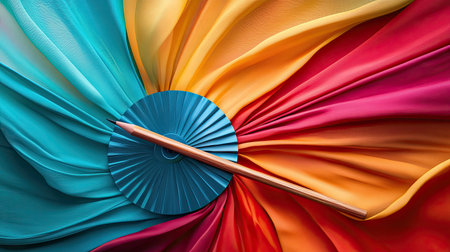 A stunning composition featuring a vibrant color palette created with flowing fabric textiles and a wooden pencil, ideal for artistic inspiration and design concepts.の素材