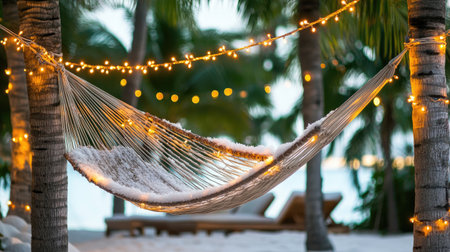 Experience ultimate relaxation in this cozy hammock surrounded by twinkling lights and lush palm trees, perfect for a tropical getaway at sunset.の素材