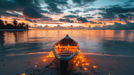 A tranquil scene of a boat decorated with fairy lights on a serene beach at sunset. The colorful sky reflects on the calm water, creating a peaceful ambiance.の素材