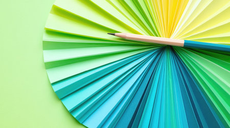 A captivating arrangement of vibrant green paper sheets in a circular pattern, accompanied by a sharpened green pencil, creating a stunning visual display.の素材