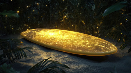A stunning golden surfboard shines under a starry night sky, surrounded by vibrant tropical plants. This magical setting evokes a sense of adventure and tranquility.の素材