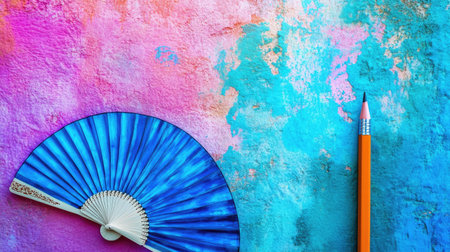 A stunning still life featuring a blue fan and orange pencil set against a colorful, textured background of pink and aqua hues. Perfect for artistic inspiration.の素材