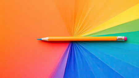 This image showcases a bright orange pencil resting on a rainbow spectrum of colors. The vibrant hues create an inspiring backdrop for creativity and artistic projects.の素材