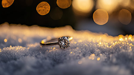 A stunning diamond ring resting on a bed of snow captures the magic of winter with its sparkling appearance and warm bokeh lights in the background.の素材