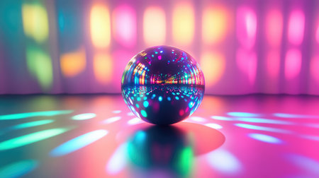 This captivating image features a reflective sphere surrounded by vibrant colored lights, creating an abstract and playful atmosphere, perfect for creative projects.の素材