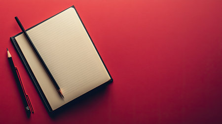A stylish blank notebook accompanied by a pencil, set against a vibrant red background, ideal for creative writing, note-taking, and organization tasks.の素材