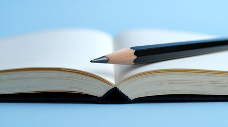 This image features an open blank notebook with a sharp black pencil resting on its pages, set against a soft light blue background, perfect for creative projects.の素材
