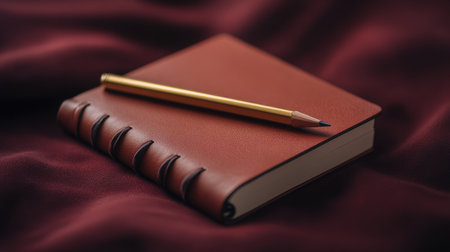 This image features an elegant brown notebook paired with a golden pencil, resting on a rich burgundy fabric. Perfect for capturing creativity and inspiration.の素材