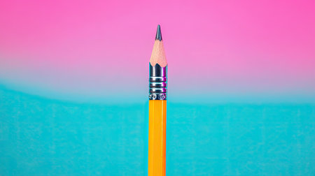 This image features a vibrant yellow pencil perfectly sharpened, set against a stunning pink and blue gradient background, ideal for schooling or artistic themes.の素材