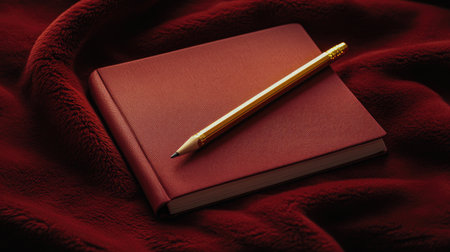A sophisticated red notebook accompanied by a luxurious gold pen, gracefully placed on soft crimson fabric, ideal for artistic and creative expressions.の素材