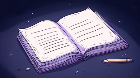 This illustration features an open book with blank pages resting beside a yellow pencil on a dark background, perfect for inspiring creativity and writing ideas.の素材