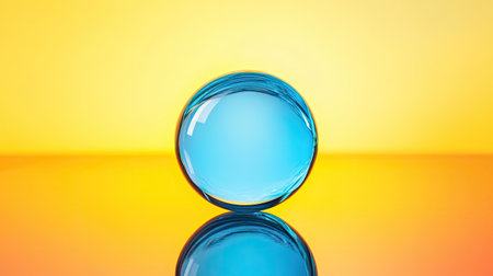 A clear blue glass sphere captures light beautifully, set against a vibrant yellow-orange gradient background, creating a calming still life composition.の素材