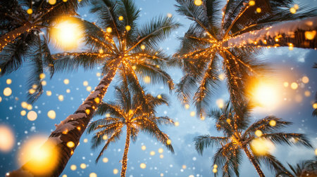 A stunning evening view of palm trees adorned with bright holiday lights, set against a blue sky with soft snowfall and captivating bokeh effects, creating a magical atmosphere.の素材