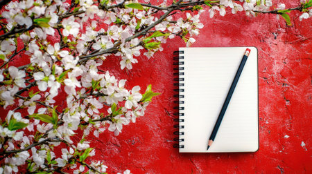 A blank notebook rests on a vibrant red background, accompanied by delicate pink cherry blossoms, creating a serene and inspiring setting for creativity.の素材