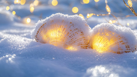 Stunning image of seashells partially covered in snow, illuminated by soft lights, creating a serene and magical winter scene perfect for seasonal decor.の素材