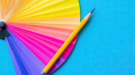 A vibrant color palette displayed with a sharpened pencil on a blue background, representing creativity and design inspiration for artistic projects.の素材