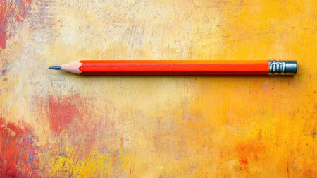 A bright orange pencil rests against a textured yellow and orange abstract background, ideal for creative projects and inspiration in art and design.の素材
