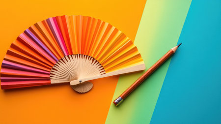This image features a vibrant paper fan in warm colors alongside a pencil on a contrasting background of cool tones, ideal for inspiring creativity and design.の素材