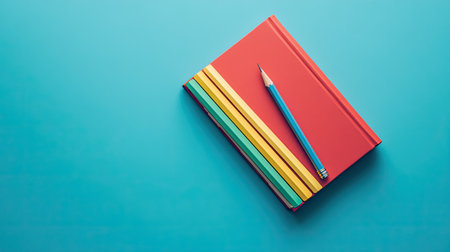 A vibrant notebook featuring colorful stripes and a blue pencil resting on a bright blue surface, ideal for creative and educational projects.の素材