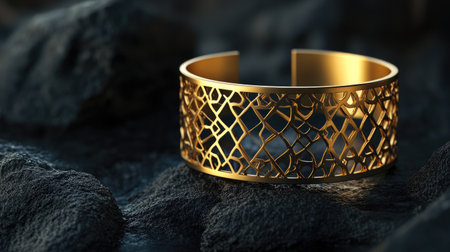 A stunning gold cuff bracelet features an intricate design that captures light beautifully. Set against a dark rocky surface, it exemplifies luxury and craftsmanship.の素材