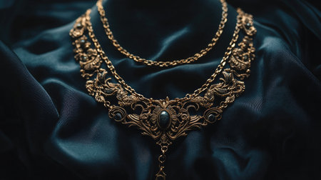 This stunning vintage gold necklace showcases intricate craftsmanship and design, elegantly lying on a dark silk fabric, radiating luxury and beauty.の素材