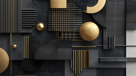 Explore this striking abstract composition featuring geometric shapes and varied textures in a sophisticated palette of black and gold tones.の素材