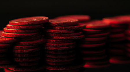This image features a visually stunning stack of red coins reflecting light against a dark background, perfect for representing financial themes and concepts.の素材
