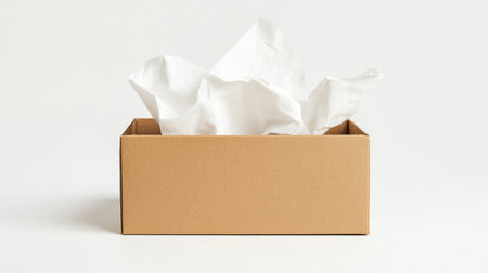This image features a brown cardboard box with crumpled white tissue paper inside, ideal for showcasing packaging concepts or gift-wrapping ideas in a clean aesthetic.の素材