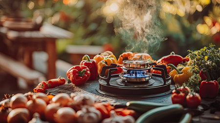 A vibrant scene featuring fresh vegetables including peppers and zucchini surrounding a flame-lit gas stove, set against a gorgeous outdoor background.の素材