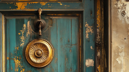 Close-up view of a vintage blue wooden door featuring an ornate brass knob, showcasing the weathered texture and historic charm of architectural elements.の素材