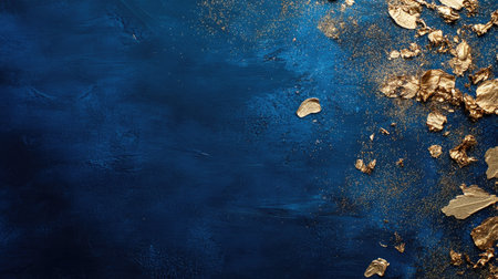 This image features a deep blue background adorned with shimmering golden foil accents, perfect for creative projects, invitations, and digital designs.の素材
