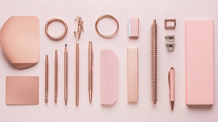 Discover a beautifully arranged collection of rose gold office supplies and stationery, perfect for enhancing workspace aesthetic and inspiring creativity.の素材