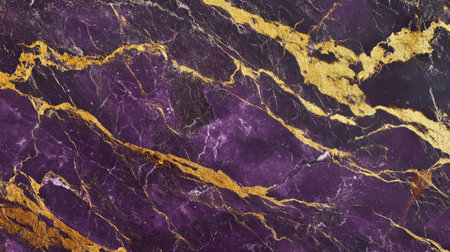 A stunning close-up of rich purple marble featuring striking gold veins. This luxurious texture adds elegance and opulence to any decor or design project.の素材