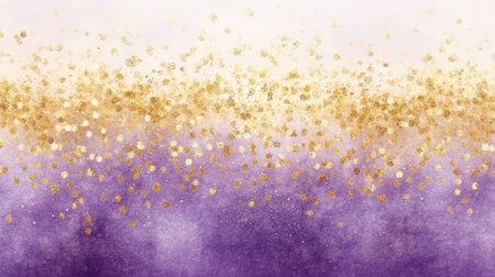 This stunning abstract background features golden sparkles against a rich purple gradient. Ideal for creative projects, invitations, and decorative artwork.の素材