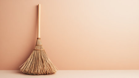 A simple and elegant broom featuring straw bristles, set against a smooth beige wall. This image captures the essence of minimalistic decor and practical cleaning tools.の素材
