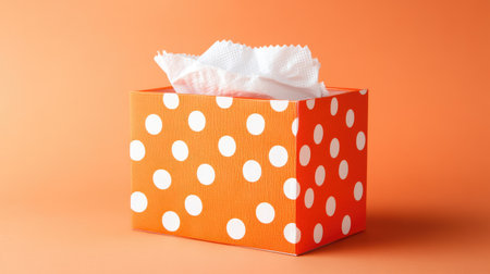 A vibrant orange gift box adorned with playful white polka dots, filled with soft tissue paper, suitable for various celebratory occasions.の素材