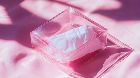 A beautiful transparent box containing a tissue rests on a soft pink surface, enhanced by gentle shadows and natural light, creating a serene ambiance.の素材