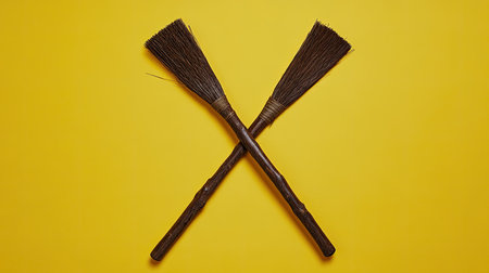 This image showcases two traditional brooms crossed against a bright yellow background, highlighting artistic elements and vibrant colors. Perfect for creative projects.の素材