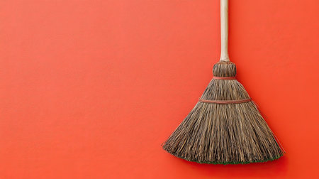 This image features a rustic broom leaning against a vibrant red wall, showcasing a perfect blend of simplicity and cleanliness in everyday life.の素材