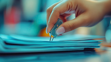 A close-up of a hand holding a compass, poised above a neat stack of papers, blending artistry and precision in a bright office setting.の素材