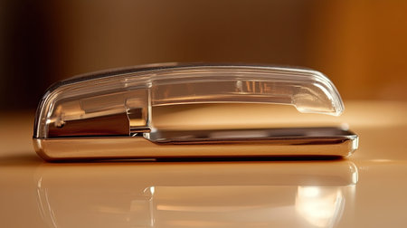 A clear and elegant stapler rests on a smooth surface, illuminated by warm light, showcasing its modern design and craftsmanship, perfect for office settings.の素材