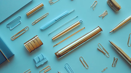 A visually appealing arrangement of elegant office supplies and stationery on a vibrant blue background. Perfect for inspiring creativity and productivity in any workspace.の素材