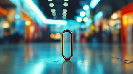 A close-up image of a metallic paper clip standing in a reflective manner on a smooth surface. The background features blurred colorful lights, creating an artistic vibe.の素材