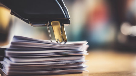 A captivating close-up image of a stapler as it binds a stack of white papers, showcasing an everyday office tool in a vibrant workspace.の素材
