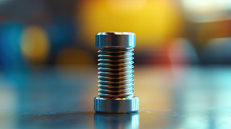 This close-up image features a shiny metal bolt with spiraled threads, positioned on a reflective surface. The soft color backgrounds create a subtle yet engaging visual effect, ideal for industrial and engineering themes.の素材