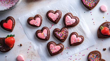 Delight in these charming heart-shaped treats topped with vibrant icing and sprinkles, perfect for celebrations and moments of love.の素材