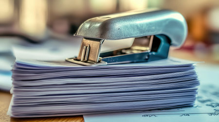 A close-up view of a metallic stapler resting on a neatly arranged stack of white paper sheets. The blurred background sets a professional office scene.の素材